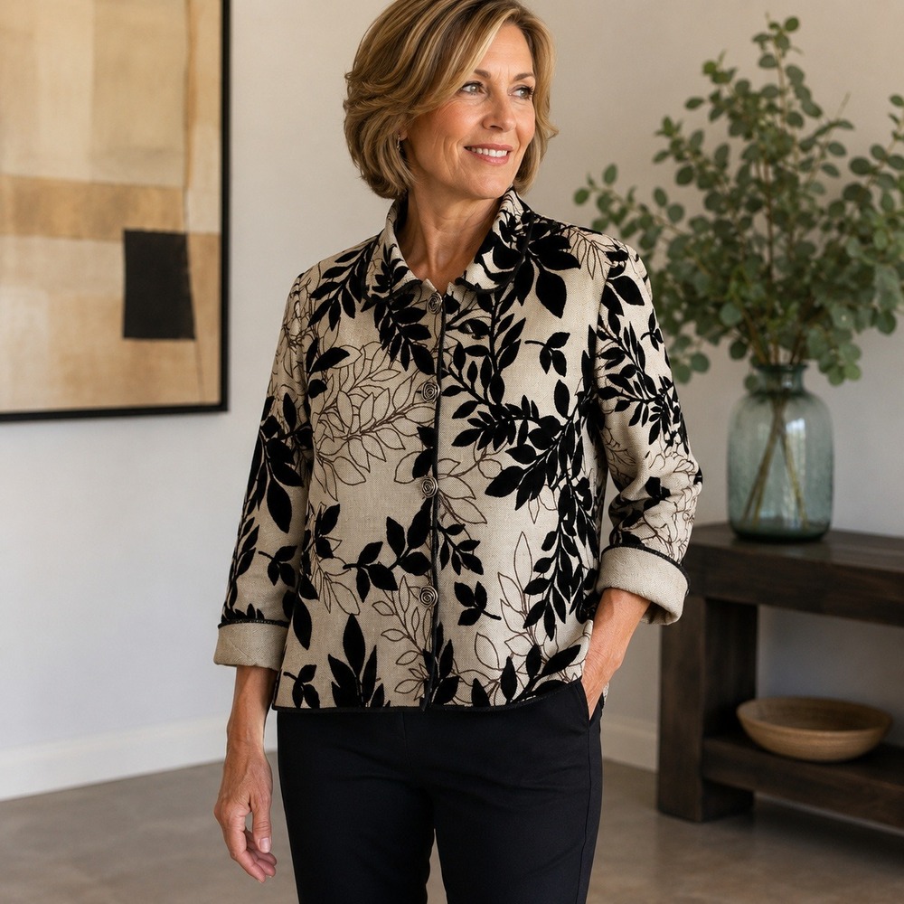 Reversible Boutique Jacket Women's Small Neutral Leaf Print Button Front